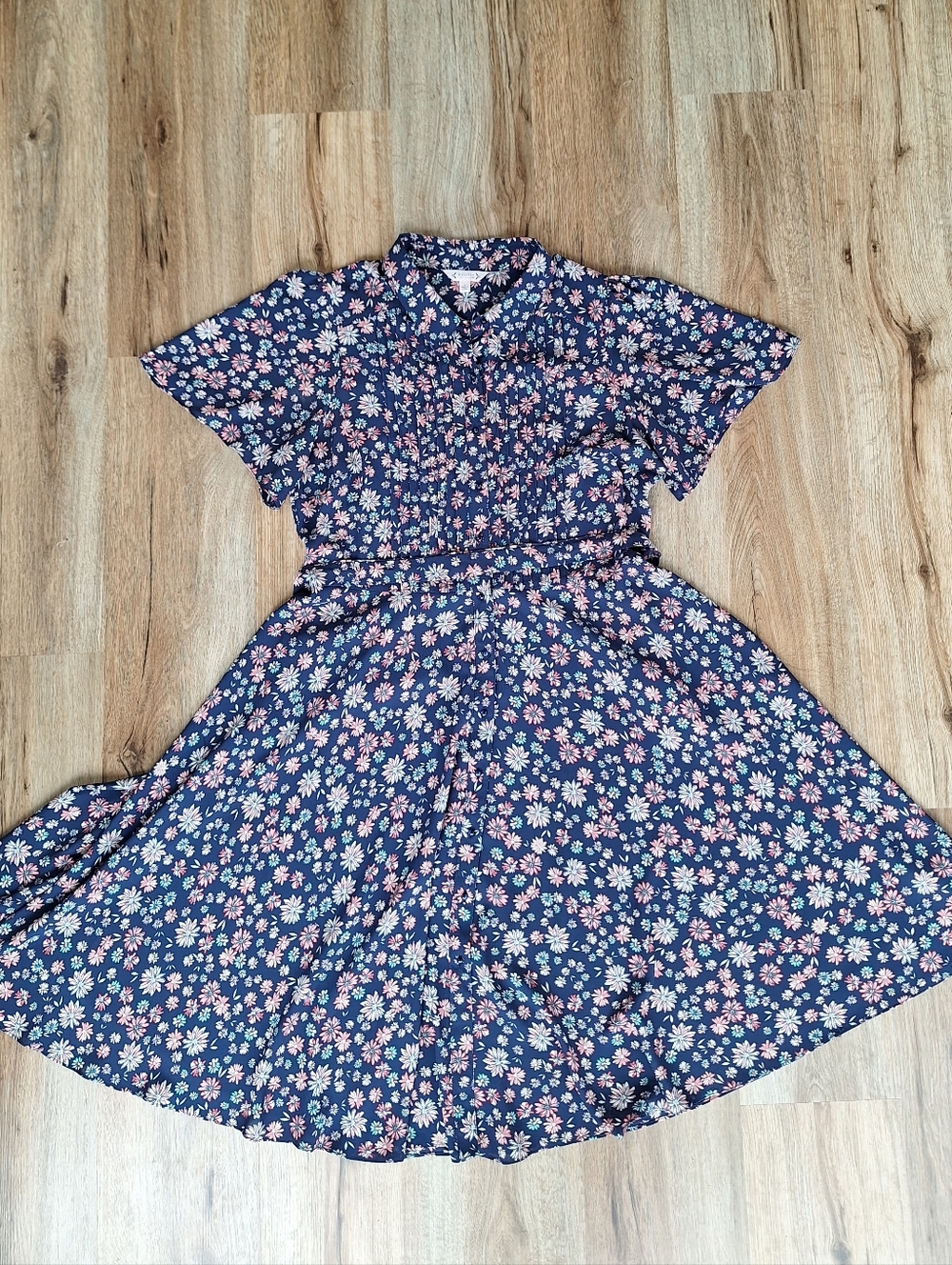 Nanette Lepore Navy Floral Midi Dress with Pink and White Blossoms
